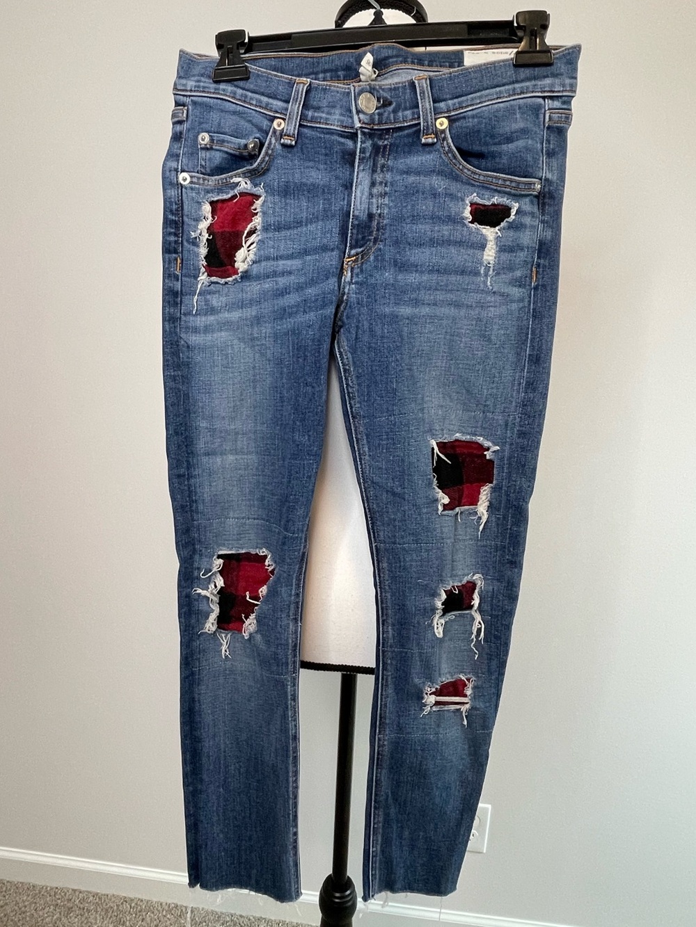 Rag and Bone denim skinny distressed buffalo plaid patch jeans size 27 indie